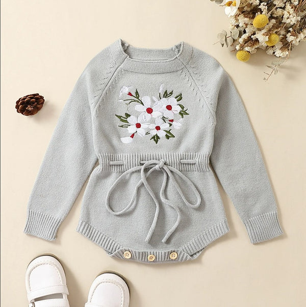 Floral embroidered knitted romper suit