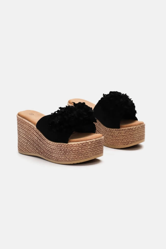 Black Flower Wedge Sandal